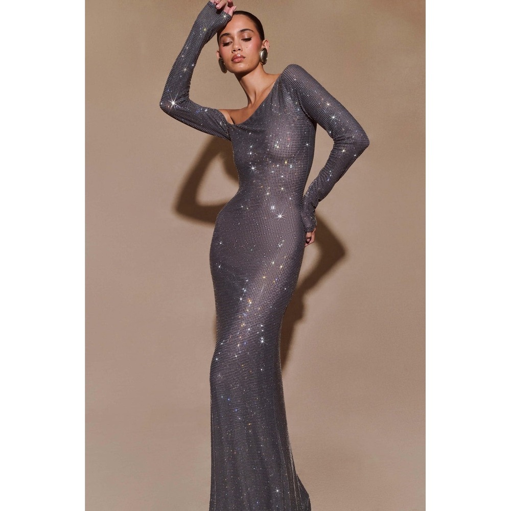 MESHKI Gunmetal Diamante Long Sleeve Sparkle Bodycon Maxi Dress Size M